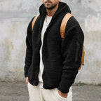 Plush Hooded Jacket Men's Autumn And Winter Fleece Double-sided Wear Warm Coat With Zipper Loose Casual Jacket Outdoor Clothing - Black, L image