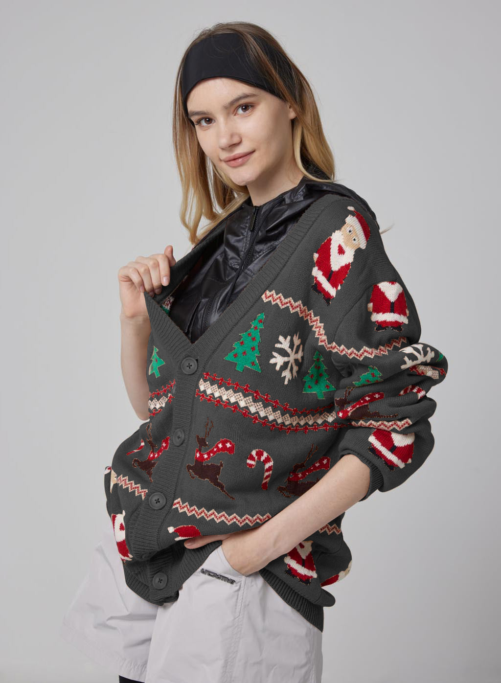 Santa Claus Print Cardigan - Waikawa Grey, XXS image