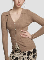 Waisted Cardigan with Regular Collar - Dark Brown, L image