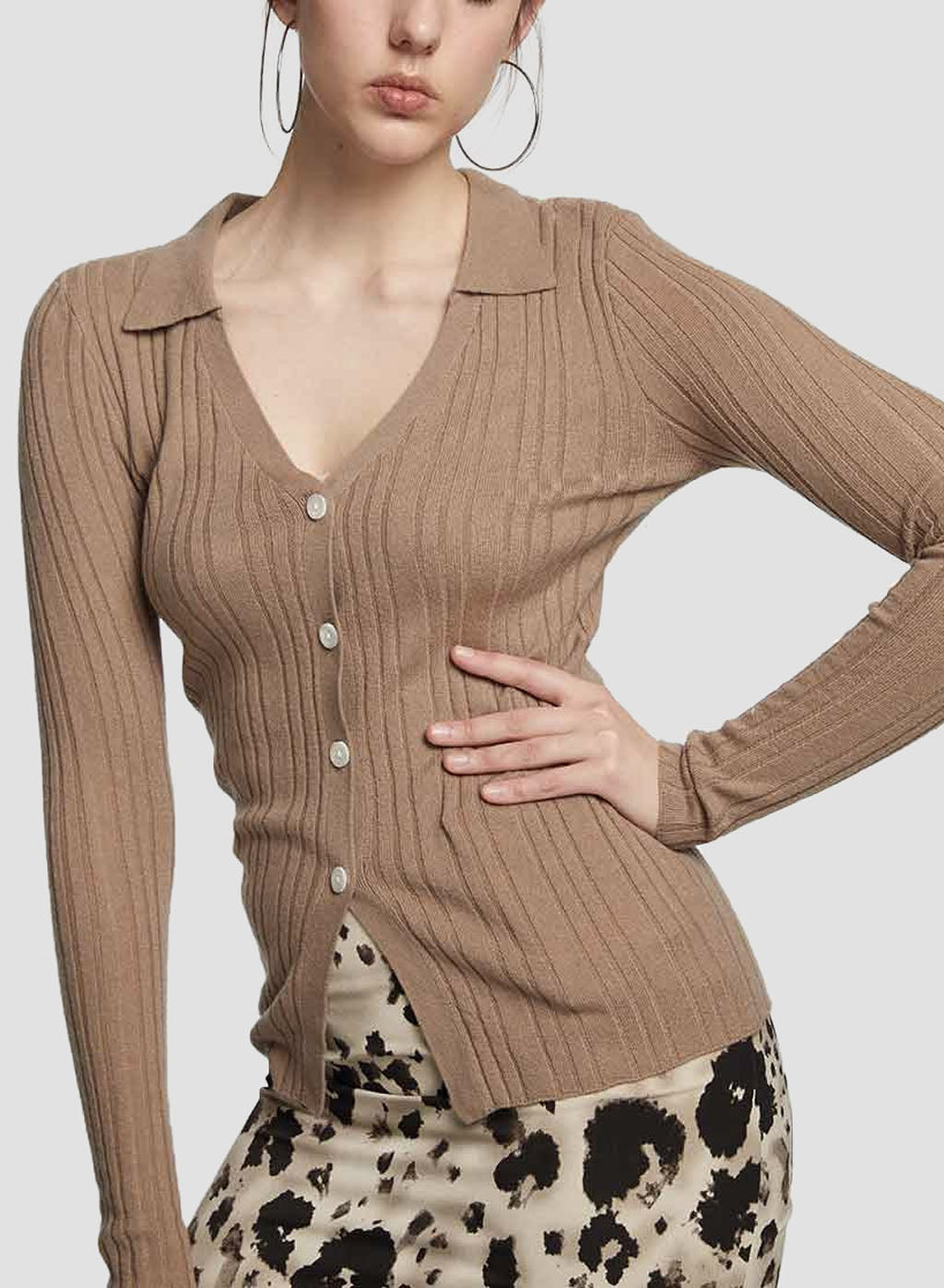 Waisted Cardigan with Regular Collar - Dark Brown, L image