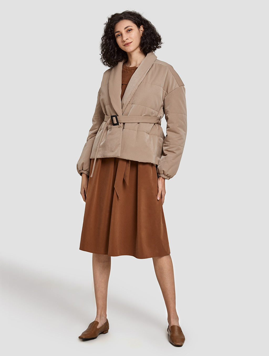 belted cotton padded jacket-positive-khaki