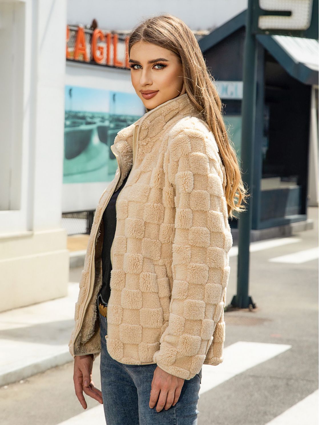 Stand-up Collar Plush Jacket Winter Long-sleeved Loose Zipper Cardigan Fashion Solid Color Checkerboard Design Coat Women Outwear image 2