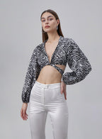 Printed Cross Straps Silk Cropped Top image 0