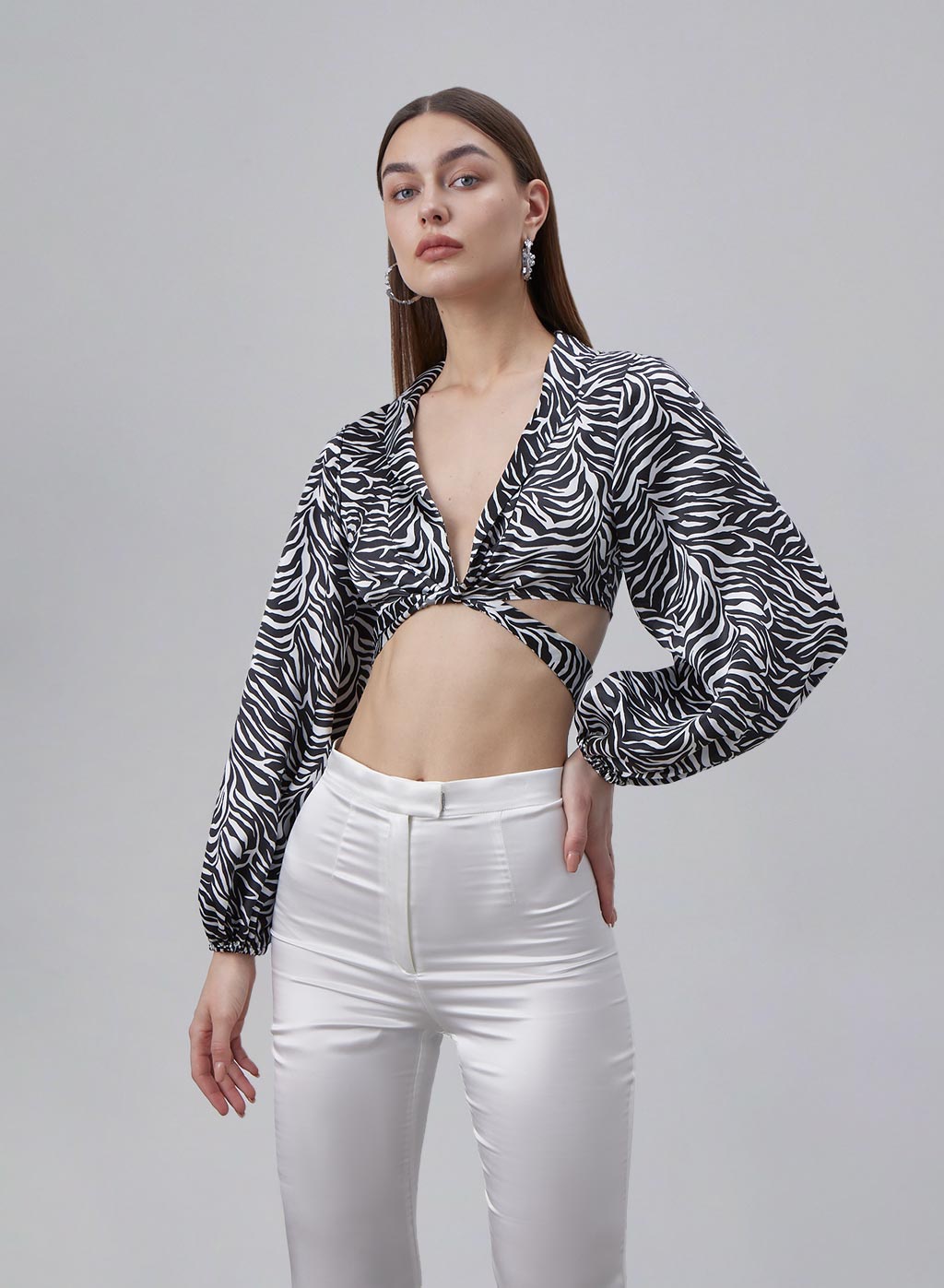 Printed Cross Straps Silk Cropped Top image 0