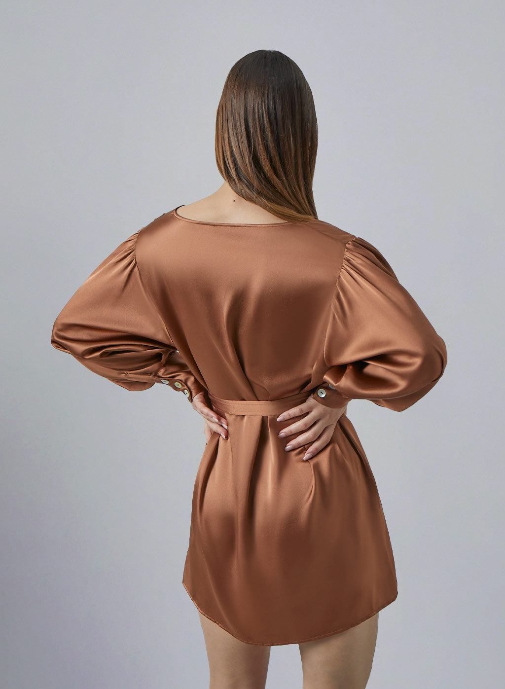 Notch Neck Bouffant Sleeve Silk Mini Dress
