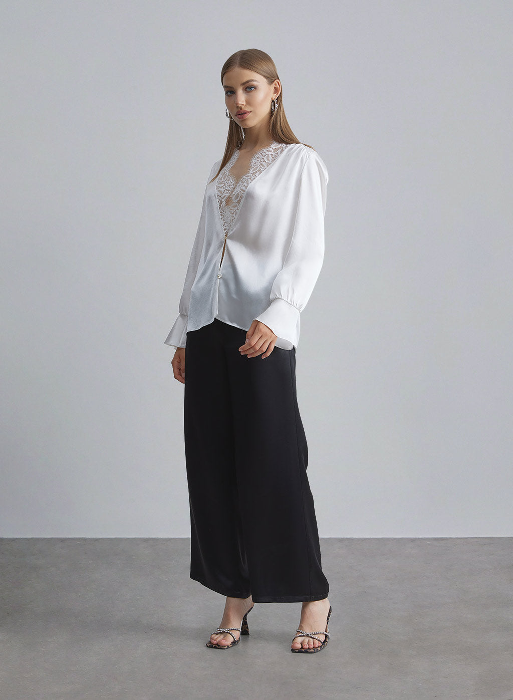 Patched Lace Neck Silk Blouse image 0