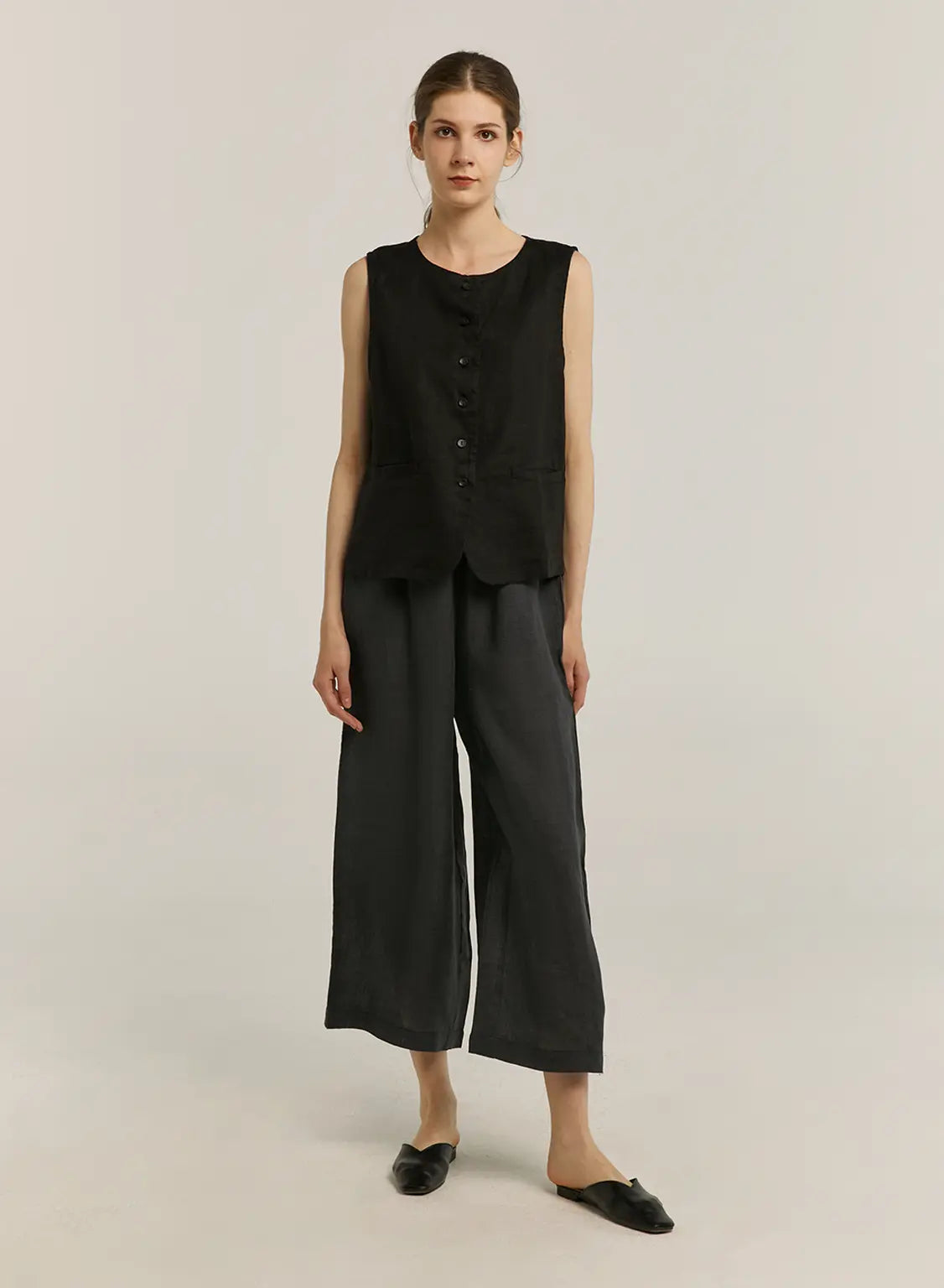 100% Linen Checked Drawstring-Waist Wide Pants image 1