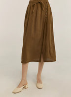 100% Linen Button Detail Midi Skirt - Golden Olive, OS image