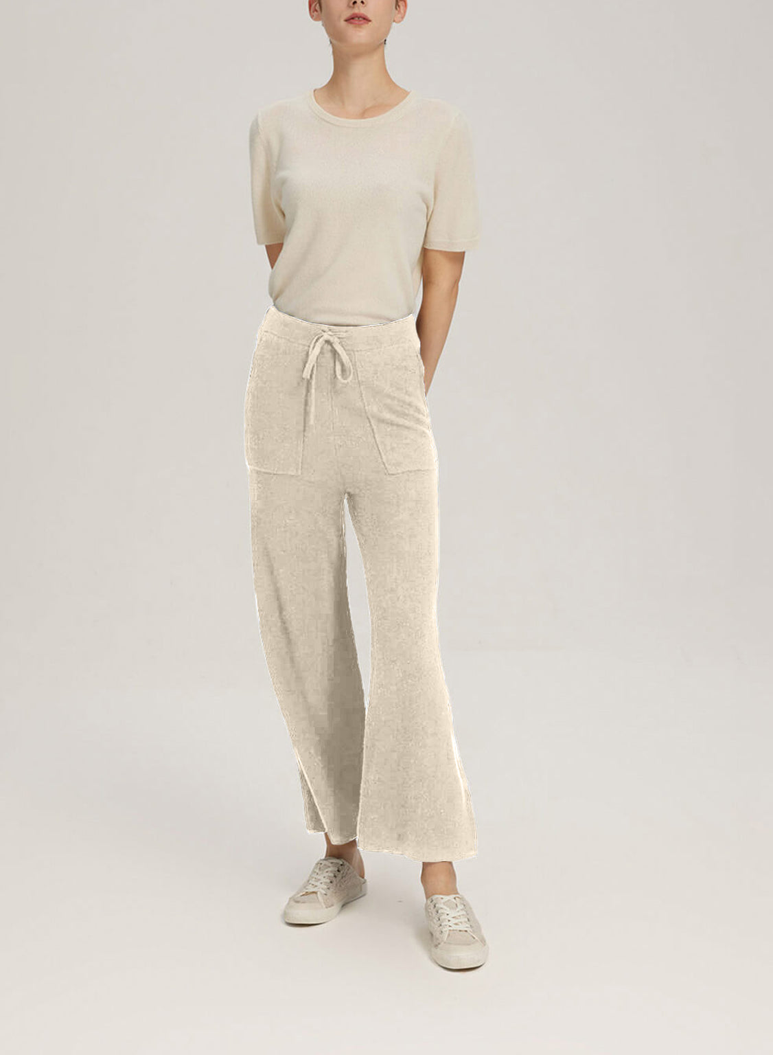 Wide-Leg Wool-Cashmere Trouser With Pocket - Ivory, S image