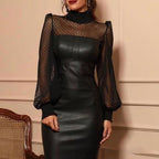 Black Mesh Stitching Tight Leather Skirt image 2