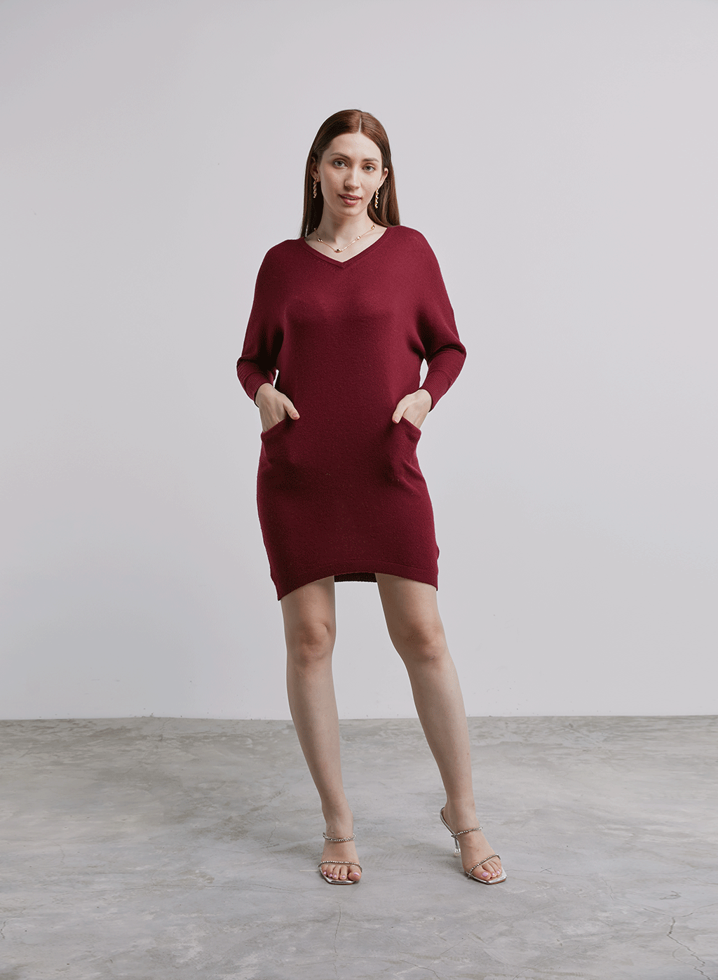 Loose V-Neck Pure Wool Dress - Burgundy, S image
