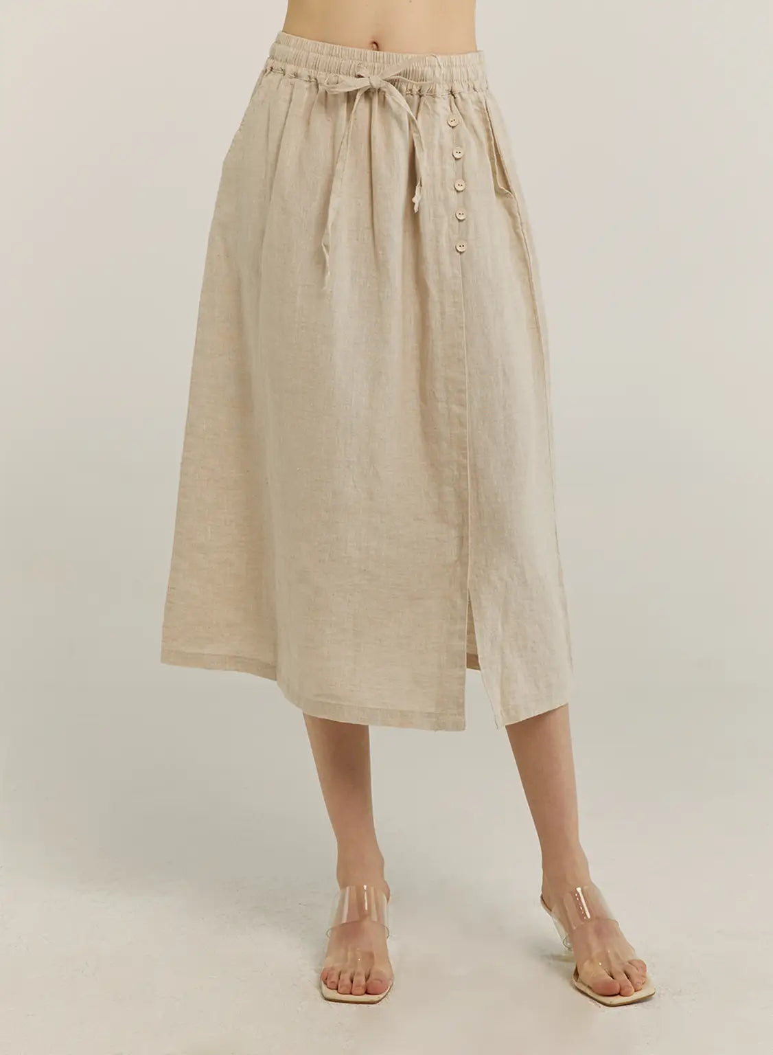 100% Linen Button Detail Midi Skirt - Magnolia, OS image