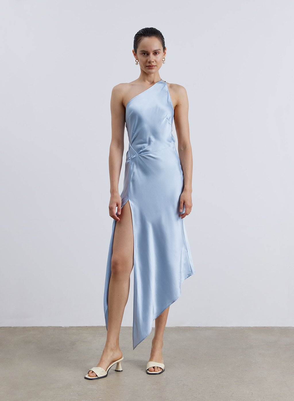 Diagonal Shoulder Irregular Hem Silk Dress - Baby Blue, S image