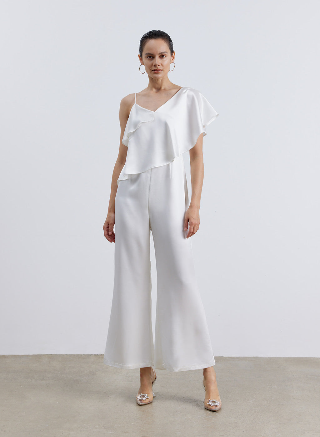 Diagonal Peplum Shoulder Satin Jumpsuit image 1