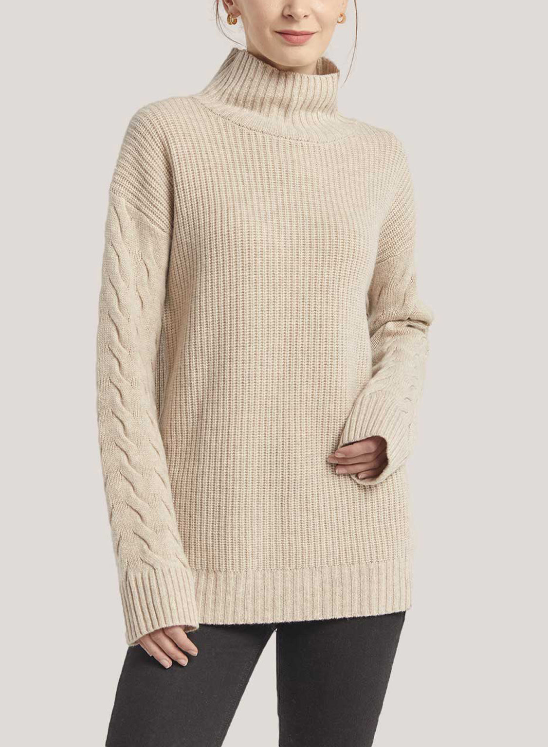 Oversized Pure Cashmere Turtleneck Sweater - Oatmeal, S image
