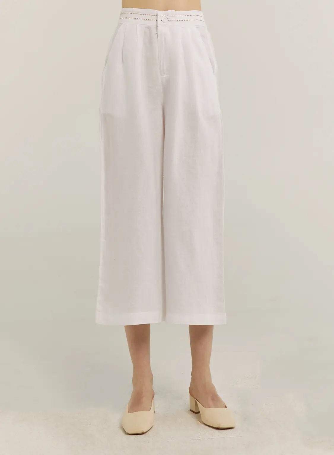 100% Linen Cropped Wide-Leg Pants - White, XXL image