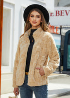 Stand-up Collar Plush Jacket Winter Long-sleeved Loose Zipper Cardigan Fashion Solid Color Checkerboard Design Coat Women Outwear image 8