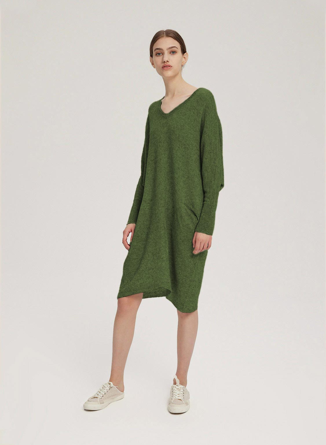 Loose V-Neck Pure Wool Dress - Olive, XS image