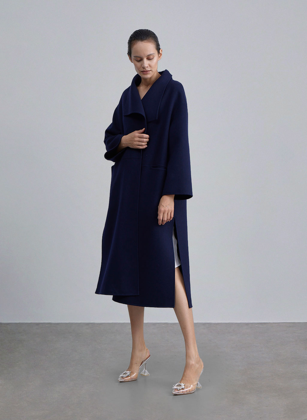 Wide Laepl Side Slit Double-faced Coat - Blue Night, S image