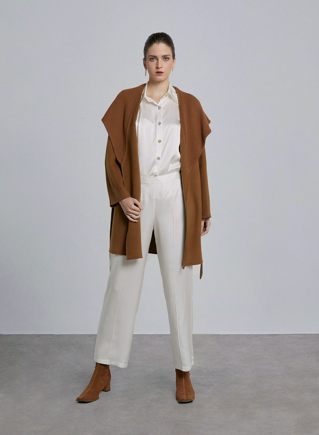 Knitted Collar Belted Short Wool Coat - Gingerbread, S image