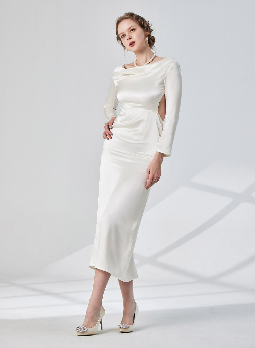 Slashed Neckline Cut-out Silk Midi Dress image 0