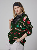 Santa Claus Print Cardigan - DarkGreen, XL image