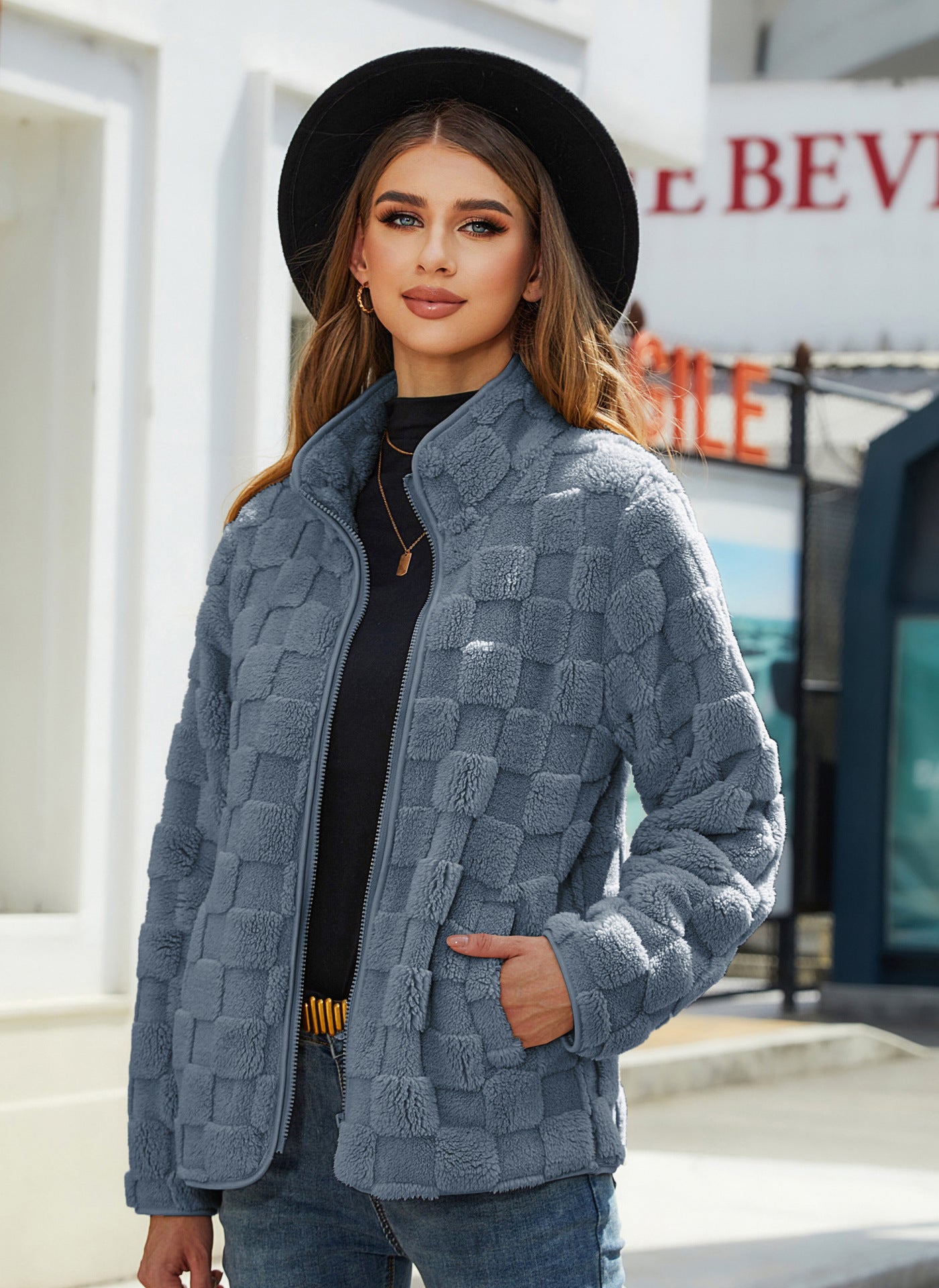 Stand-up Collar Plush Jacket Winter Long-sleeved Loose Zipper Cardigan Fashion Solid Color Checkerboard Design Coat Women Outwear - Blue, XL image