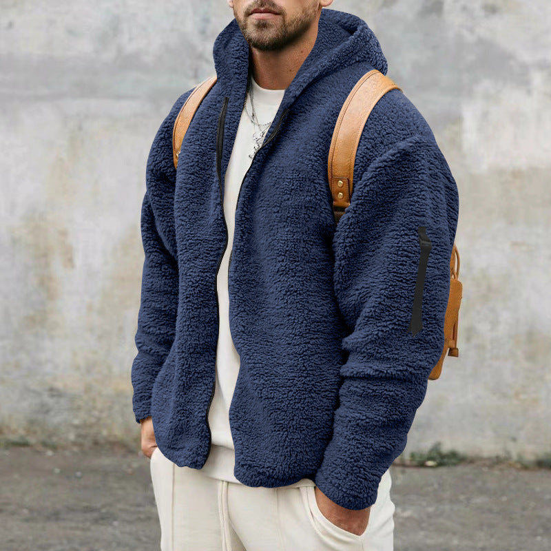 Plush Hooded Jacket Men's Autumn And Winter Fleece Double-sided Wear Warm Coat With Zipper Loose Casual Jacket Outdoor Clothing image 2