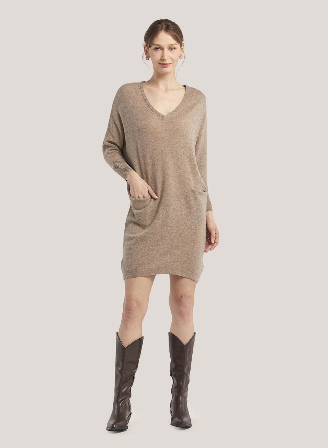 Loose V-Neck Pure Wool Dress - Oatmeal, XS image