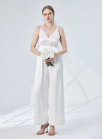 Plunge V-neck Wide-Leg Satin Jumpsuit - Pearl White, S image