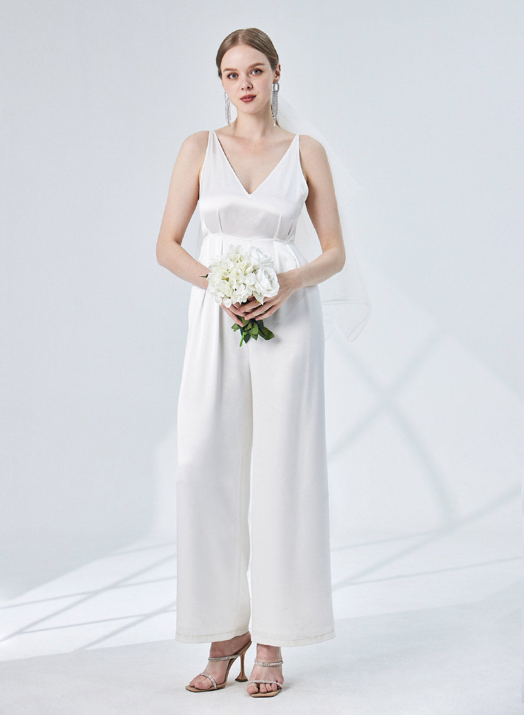Plunge V-neck Wide-Leg Satin Jumpsuit - Pearl White, S image