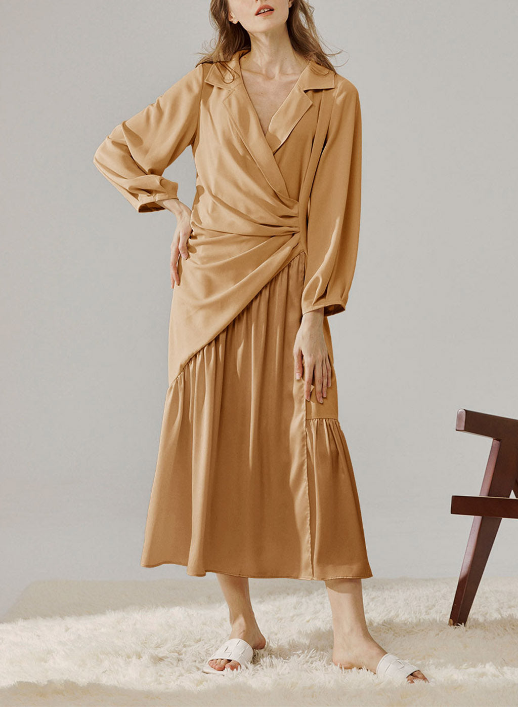 Long Gathered Shirt Dress - Orange, M image
