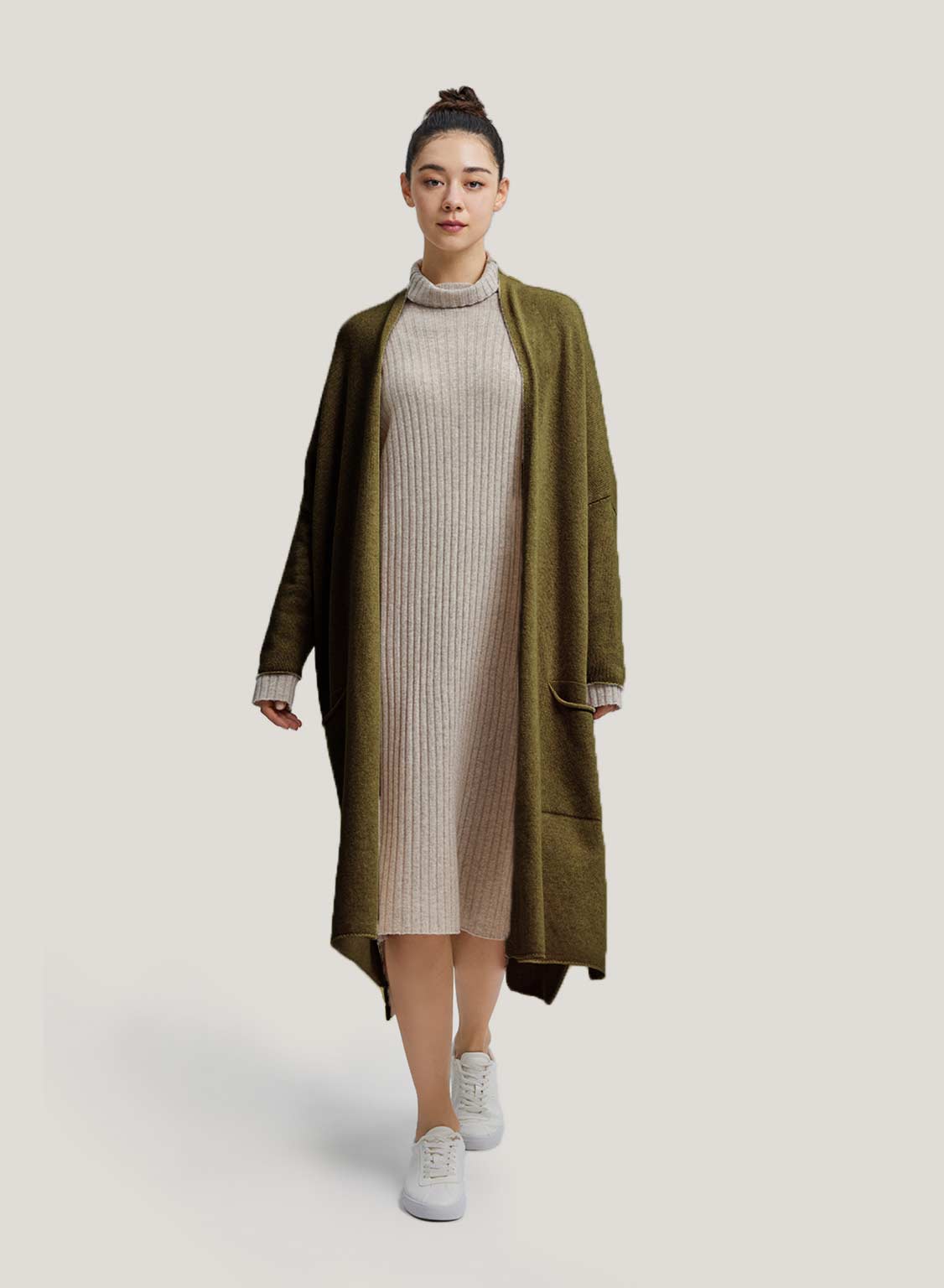 Slouchy Pure Yak Wool Long Cardigan - Dark Olive, XS image