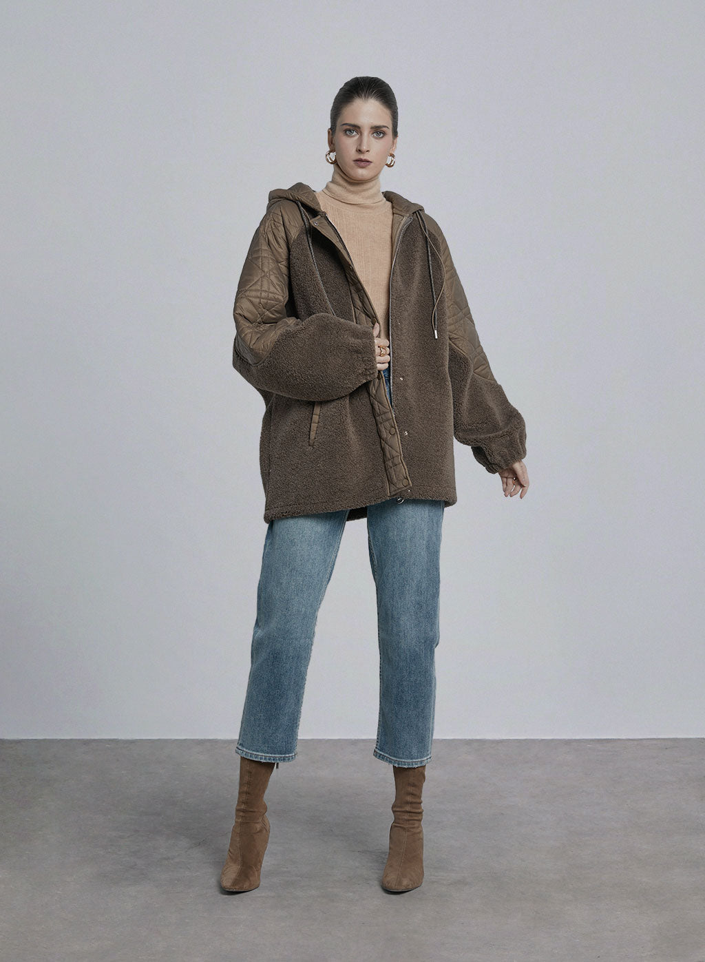 Slash Pocket Patchwork Hooded Jacket - Gloaming Green, S image
