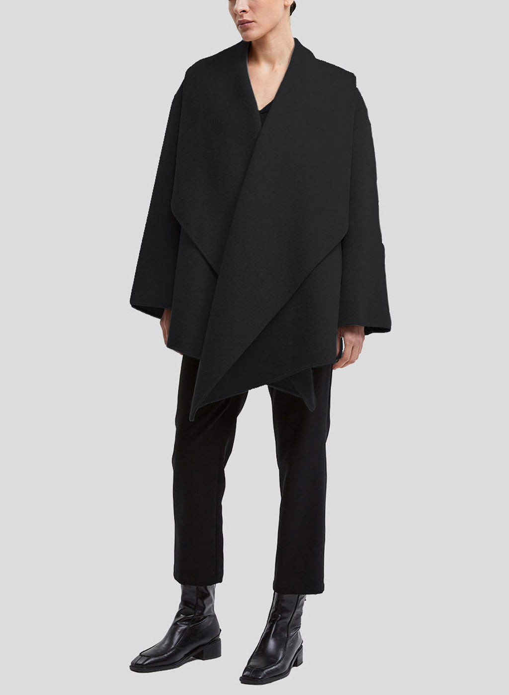 Draped Short Wool Coat - Black, L image