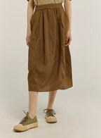 100% Linen Elastic Waist Midi Skirt - Golden Olive, OS image