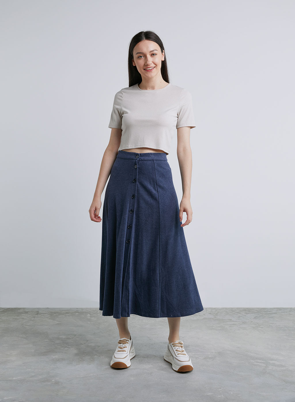 Button Front Slit Skirt - Midnight Blue, L image