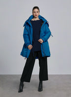 A-line Drawstring Waist Hooded Parka - Blue, M image
