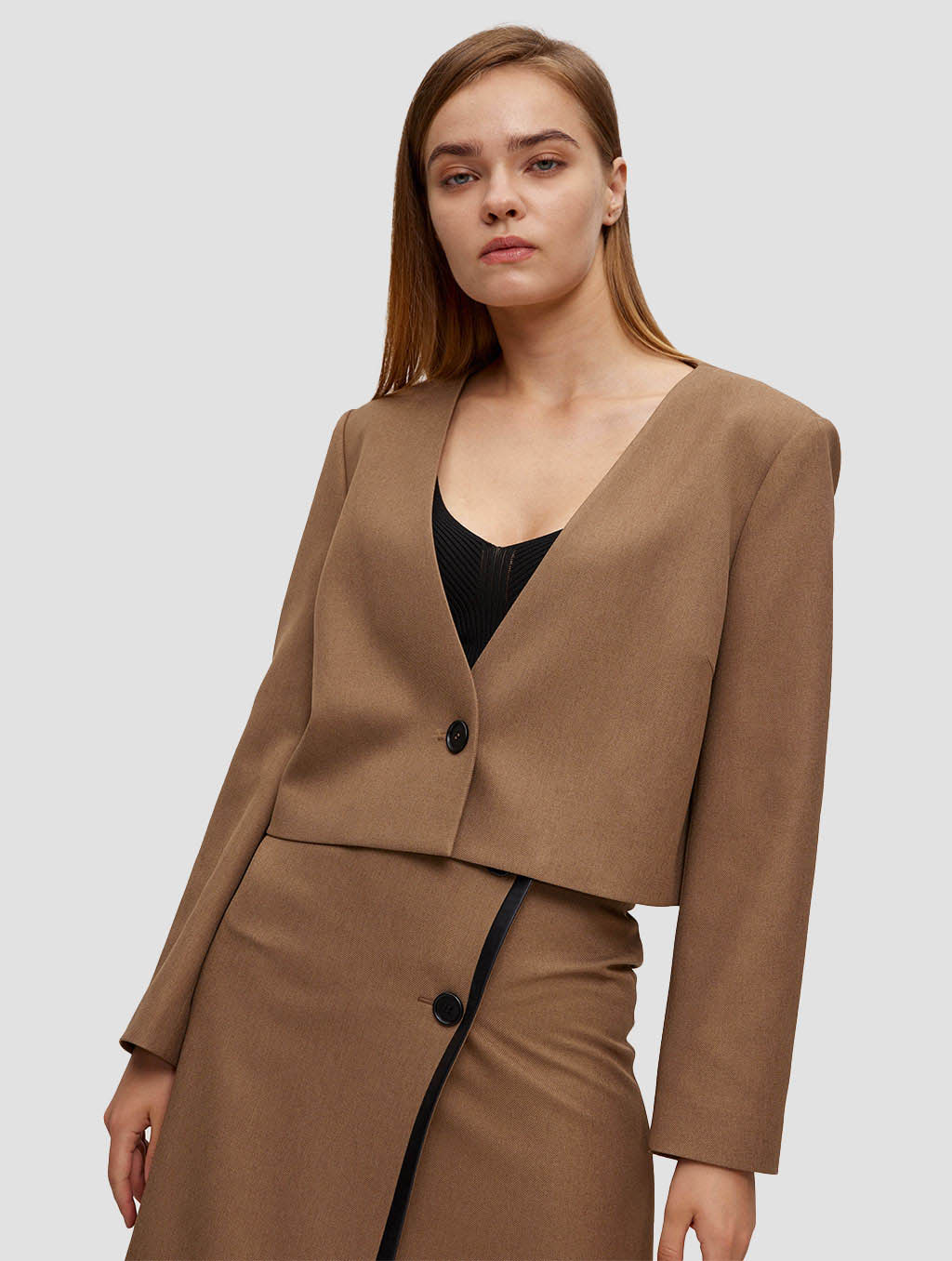 cropped one button blazer-positive-brown