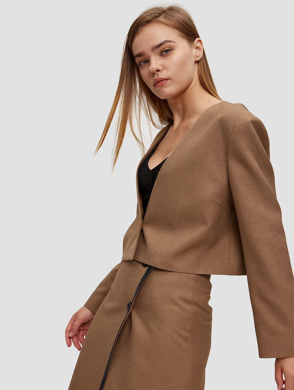 cropped one button blazer-side-brown