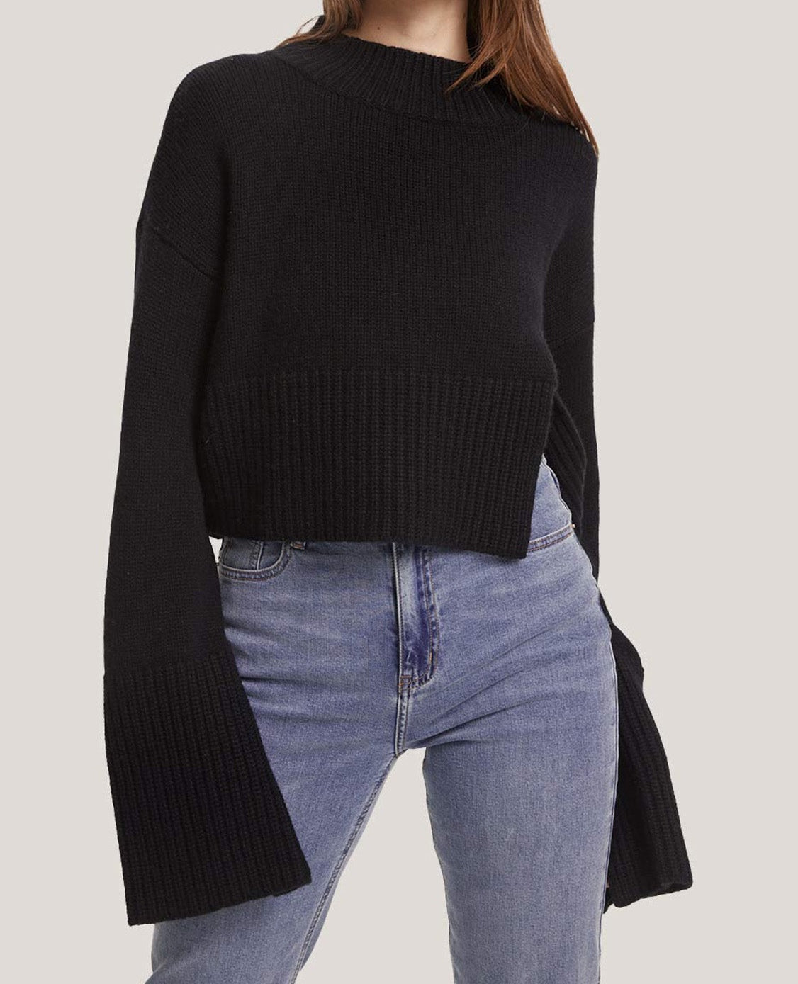 Cropped Wool-Cashmere Sweater With Slit Sleeves — SILK MAISON