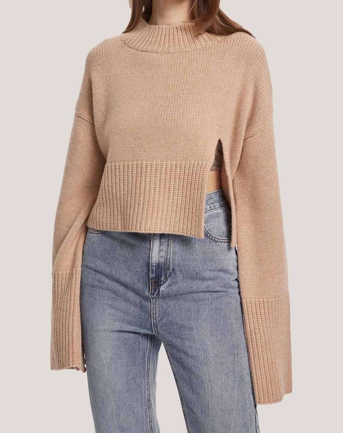 Cropped Wool-Cashmere Sweater With Slit Sleeves — SILK MAISON