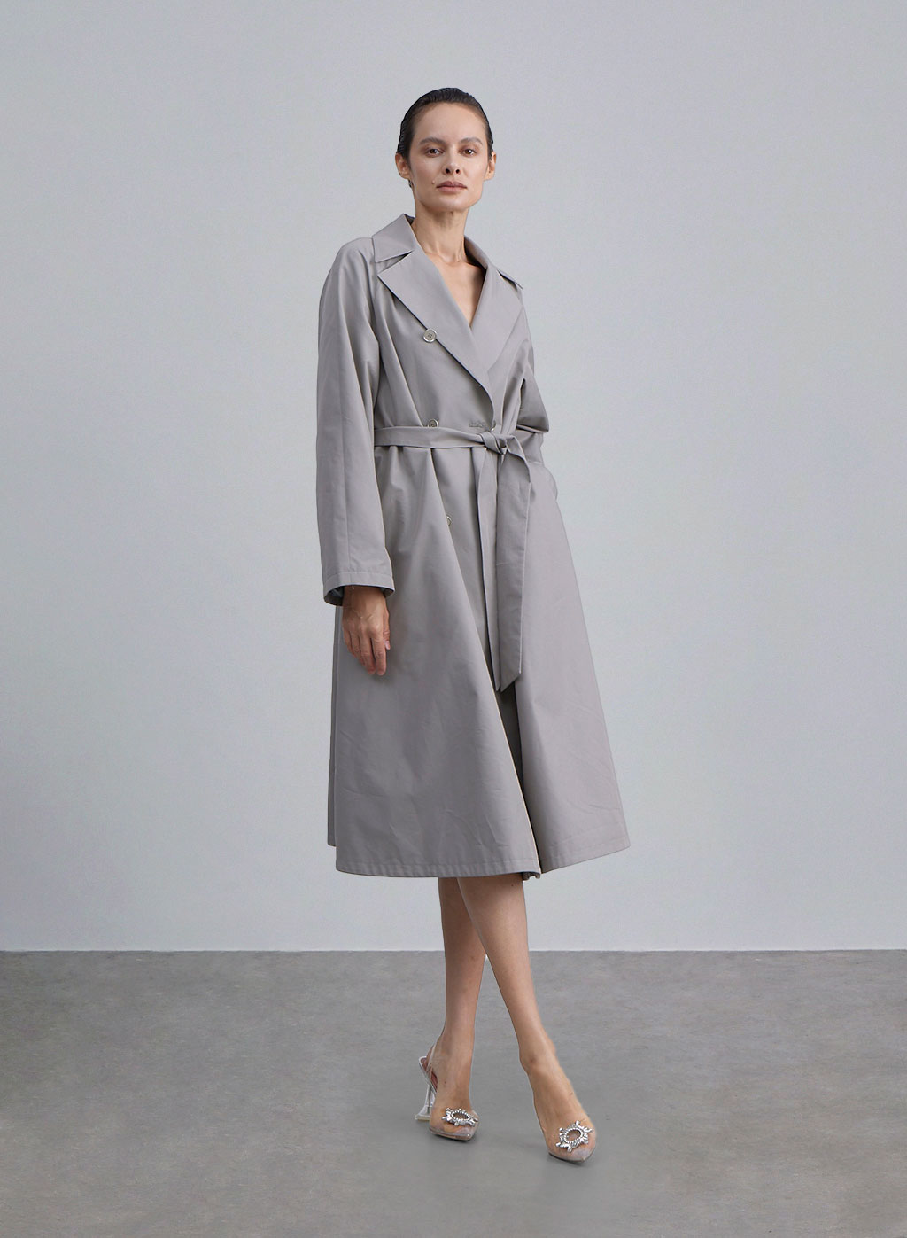 Wide Lapel Belted Trench Coat - Tide, S image