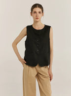 100% Linen Crew-Neck Buttoned Vest - Black, OS image