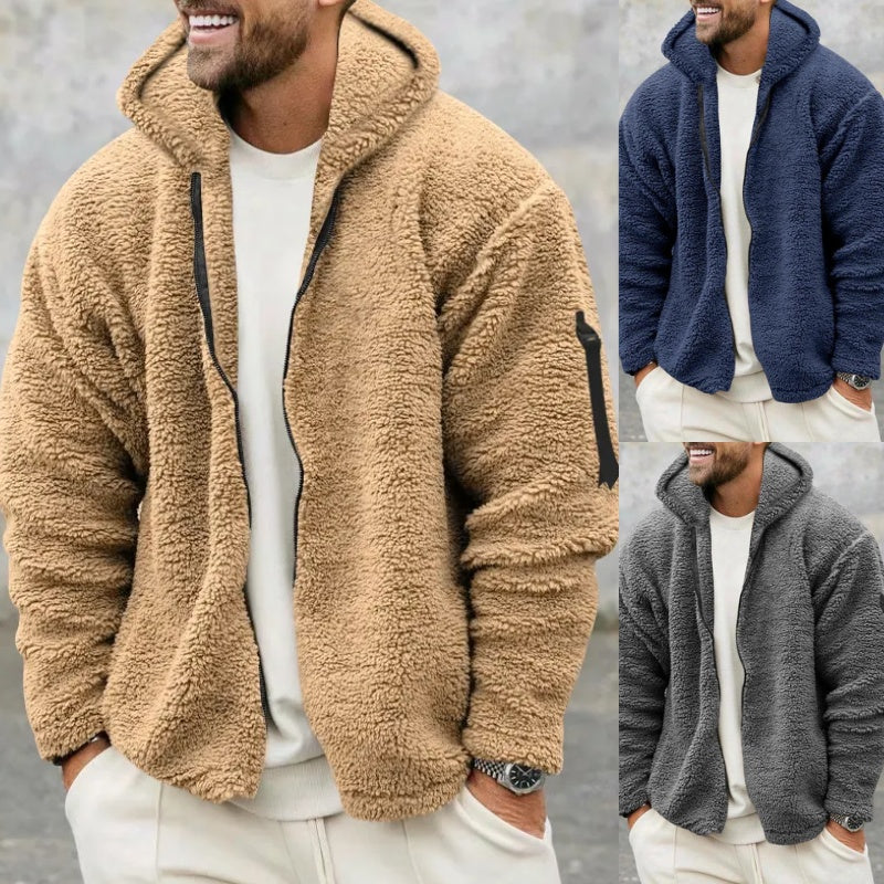 Plush Hooded Jacket Men's Autumn And Winter Fleece Double-sided Wear Warm Coat With Zipper Loose Casual Jacket Outdoor Clothing image 5