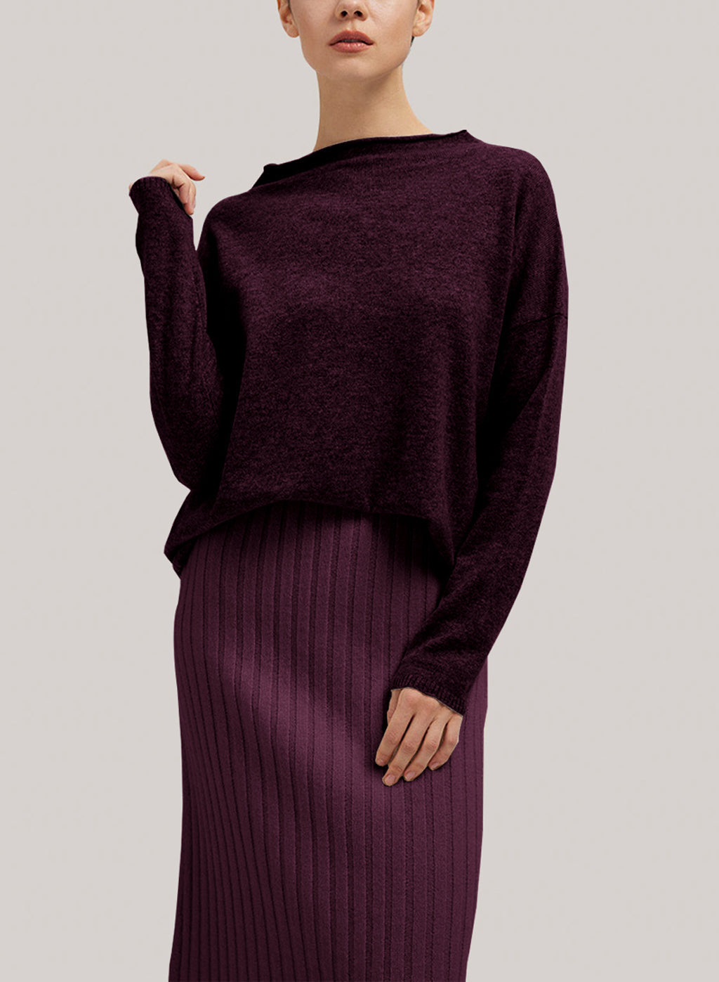 Funnel-Neck Pure Wool Sweater - Burgundy, L image