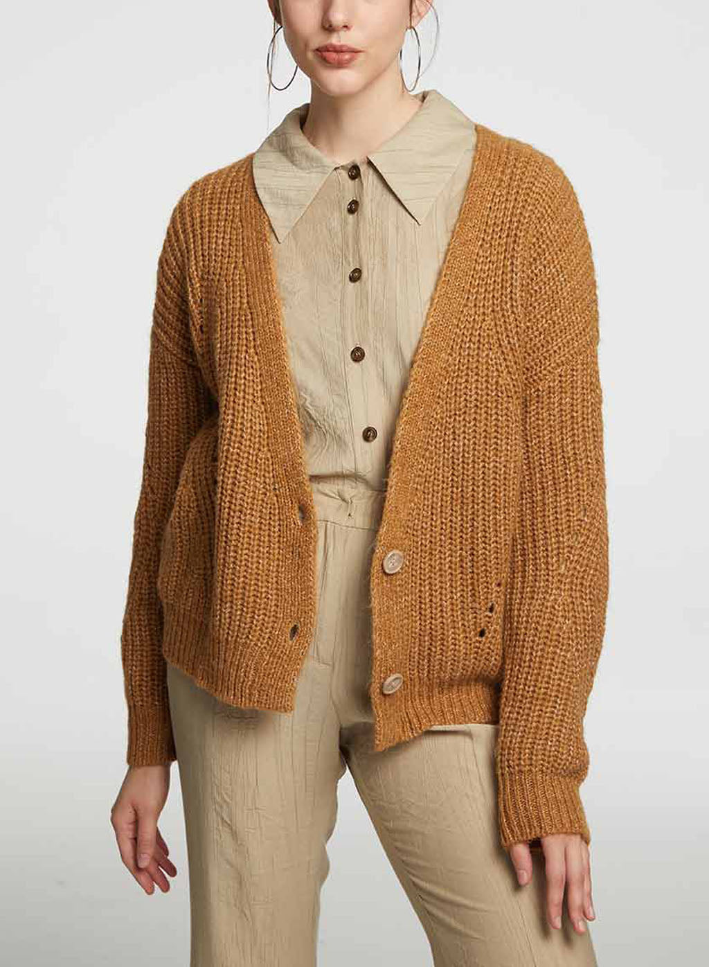 Deep V-neck Buttoned Cardigan - Sand Brown, M image