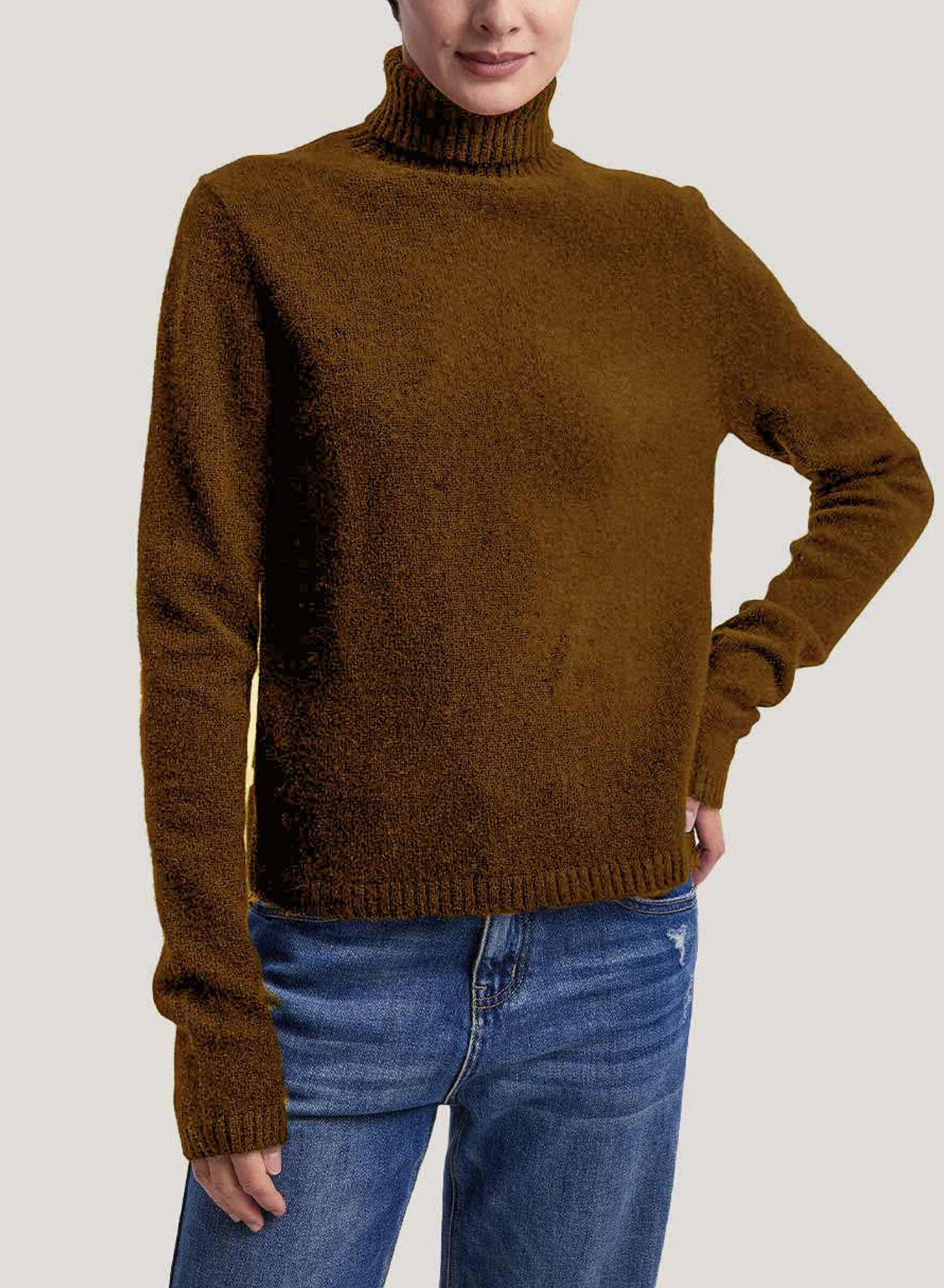 Pure Yak Wool Roll-Neck Fine-Knit Sweater - Brown, XS image