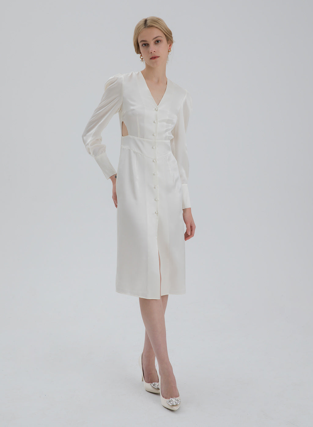 Cut-out Bouffant Sleeve Silk Midi Dress image 0