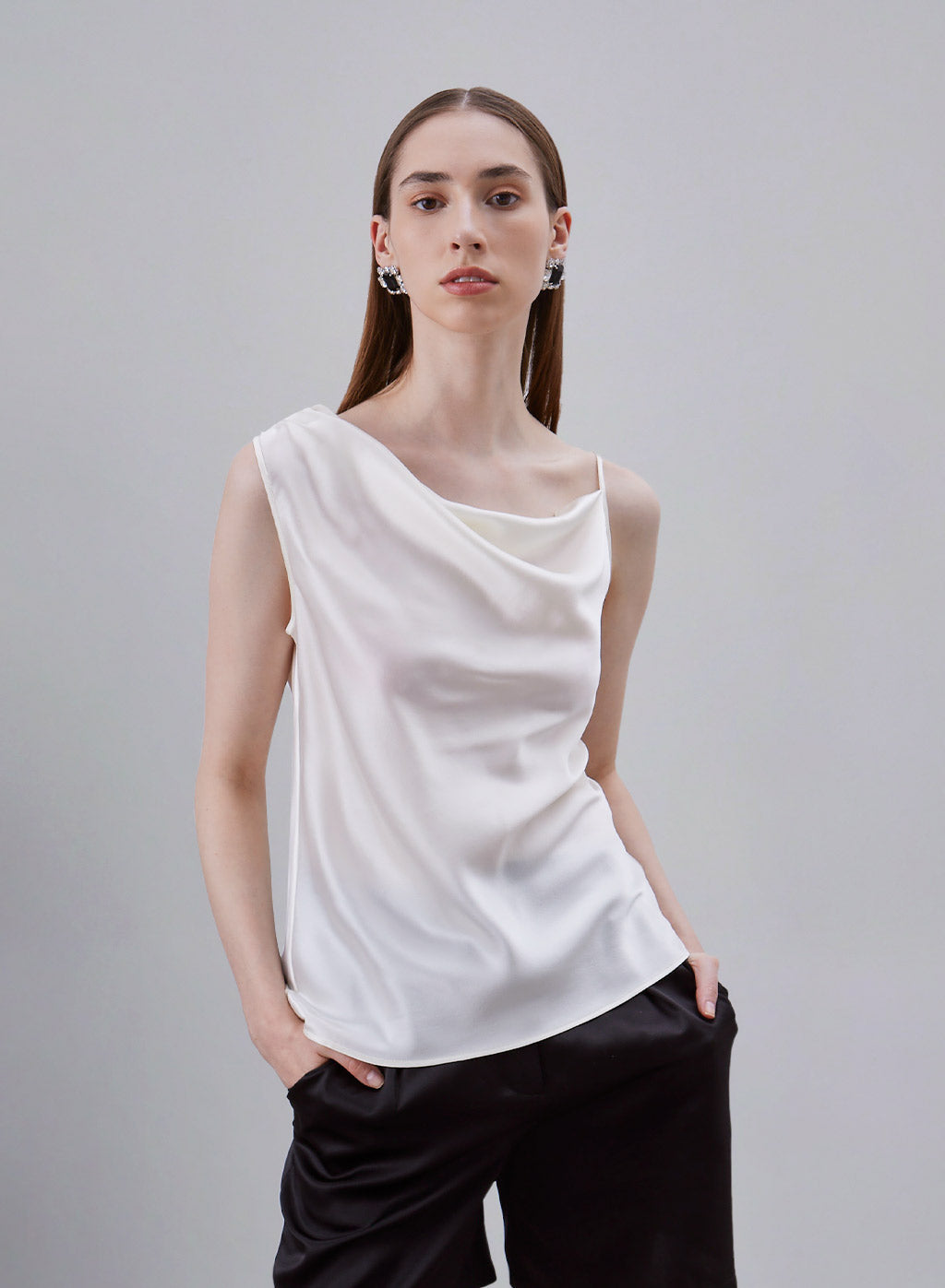 Asymmetrical Neck Draped Silk Top image 0